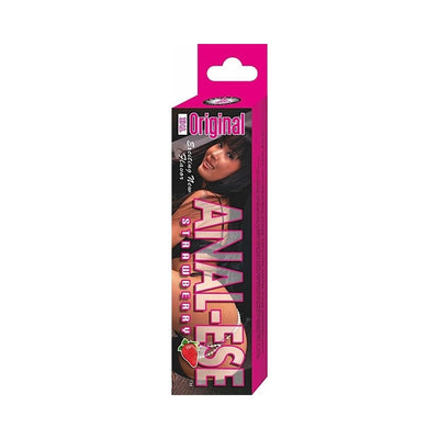 Packaging of Anal Ese Strawberry flavored desensitizing lubricant with pink and black design and strawberry graphic.