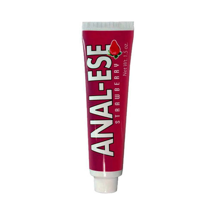 Tube of Anal-Ese strawberry flavored desensitizing lubricant, 1.5 oz, with red packaging and white cap.