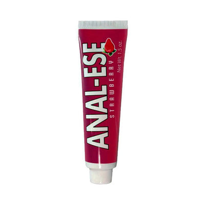 Tube of Anal-Ese strawberry flavored desensitizing lubricant, 1.5 oz, with red packaging and white cap.