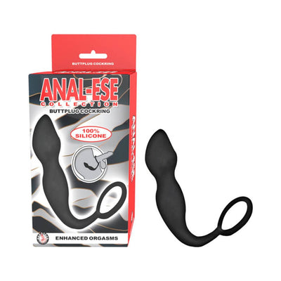 Black silicone buttplug with attached cock ring displayed next to its red and black packaging box.