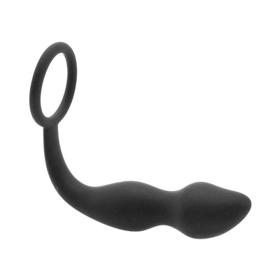 Black silicone buttplug with a curved shape and attached cockring for combined stimulation and secure fit.