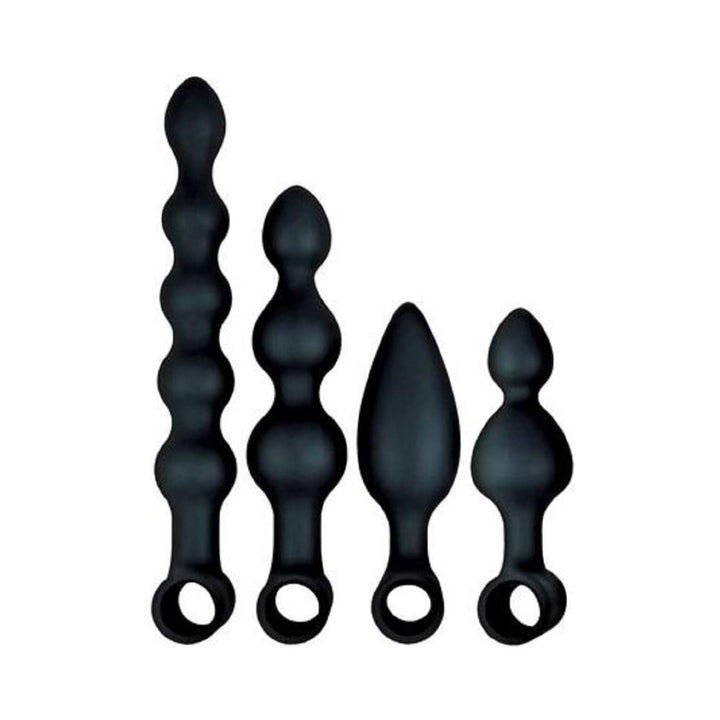Set of four black silicone anal plugs in varying shapes and sizes with loop handles for easy use.