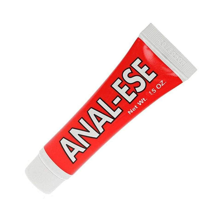 Tube of Anal-Ese desensitizing cream in red packaging, 1.5 ounces, designed for enhanced comfort during intimate moments.