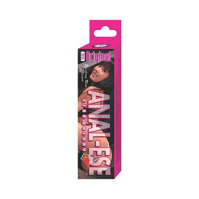 Packaging of Anal Eze Strawberry flavored desensitizing lubricant with pink and black design and strawberry graphic.