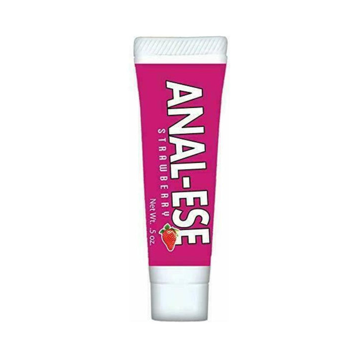 Tube of Anal-Ese strawberry flavored lubricant with bright pink label and white cap, 0.5 oz size.
