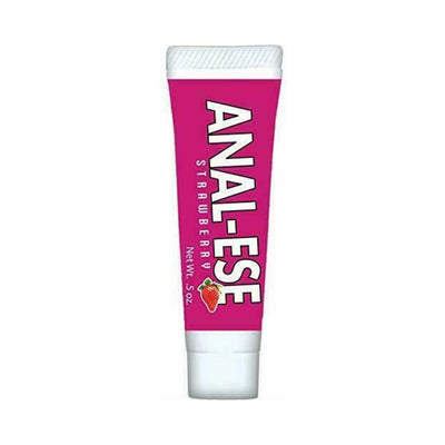 Tube of Anal-Ese strawberry flavored lubricant with bright pink label and white cap, 0.5 oz size.