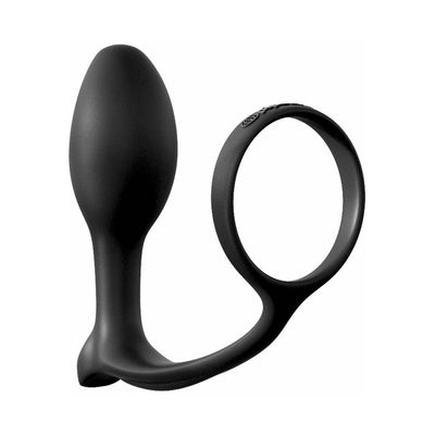 Black silicone beginners anal plug with attached cockring for enhanced stimulation and comfort.