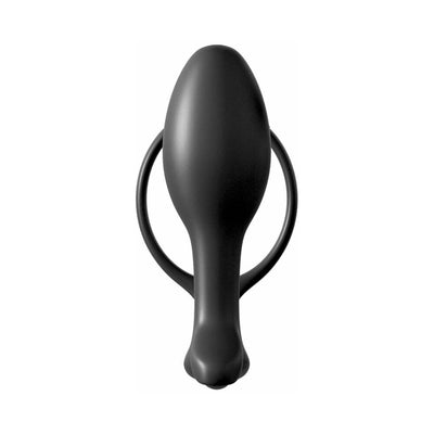 Black beginner-friendly silicone anal plug with attached cockring, designed for comfort and prostate stimulation.