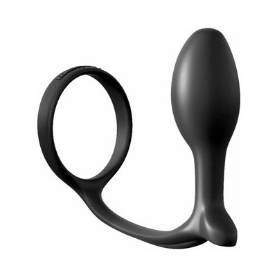 Black silicone beginner-friendly anal plug with attached cockring designed for comfort and prostate stimulation.