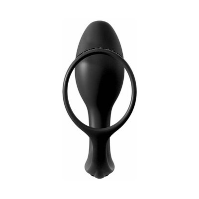 Black silicone beginner-friendly anal plug with attached cockring, designed for comfort and prostate stimulation.