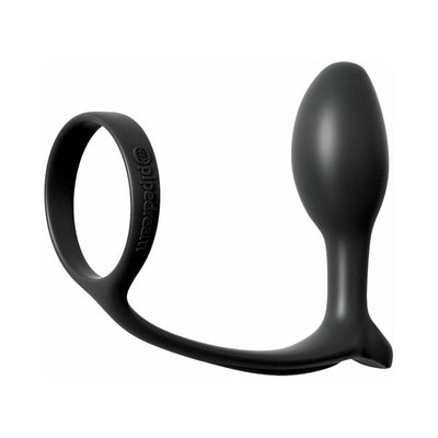 Black silicone beginner-friendly anal plug with attached cockring designed for comfort and prostate stimulation.