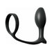 Black silicone beginner-friendly anal plug with attached cockring designed for comfort and prostate stimulation.