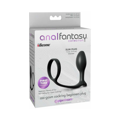 Packaging of Anal Fantasy Ass-Gasm Cockring Beginners Plug in black, featuring a slim silicone design for first-time users.