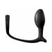 Black silicone beginner-friendly anal plug with attached flexible cockring band for prostate stimulation and performance enhancement.
