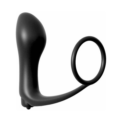 Black silicone vibrating prostate plug with attached cockring on white background.