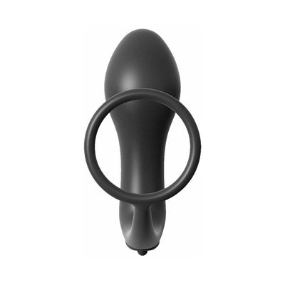 Black silicone vibrating plug with attached cockring designed for prostate stimulation and extended pleasure.