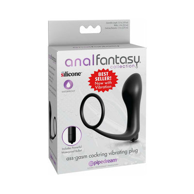 Packaging of Anal Fantasy Collection Ass-Gasm cockring vibrating plug in black silicone, waterproof and including a powerful vibrating bullet.