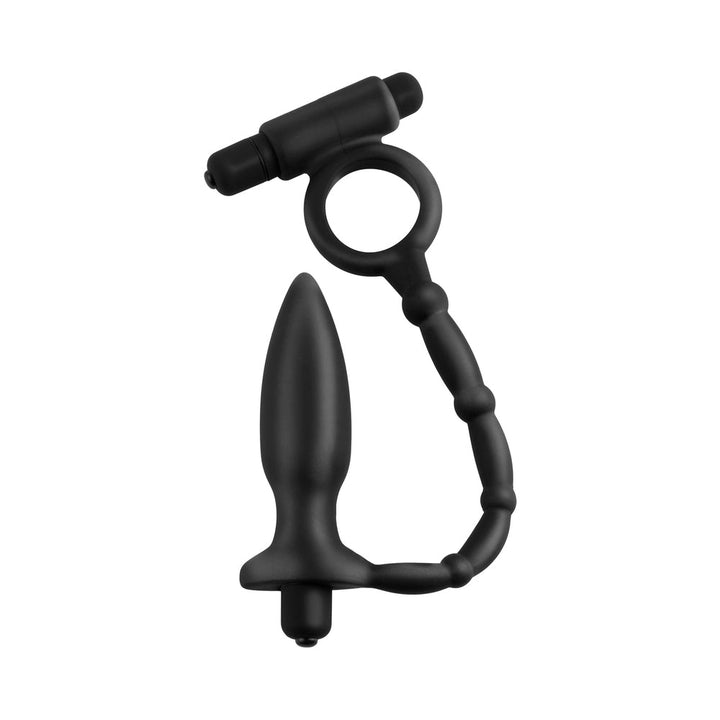Black silicone anal plug with attached cockring and dual vibrating bullets for enhanced stimulation and performance.