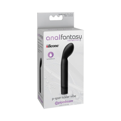 Black silicone P-Spot Tickler Vibe in packaging from Anal Fantasy Collection by Pipedream, waterproof and ergonomic design.