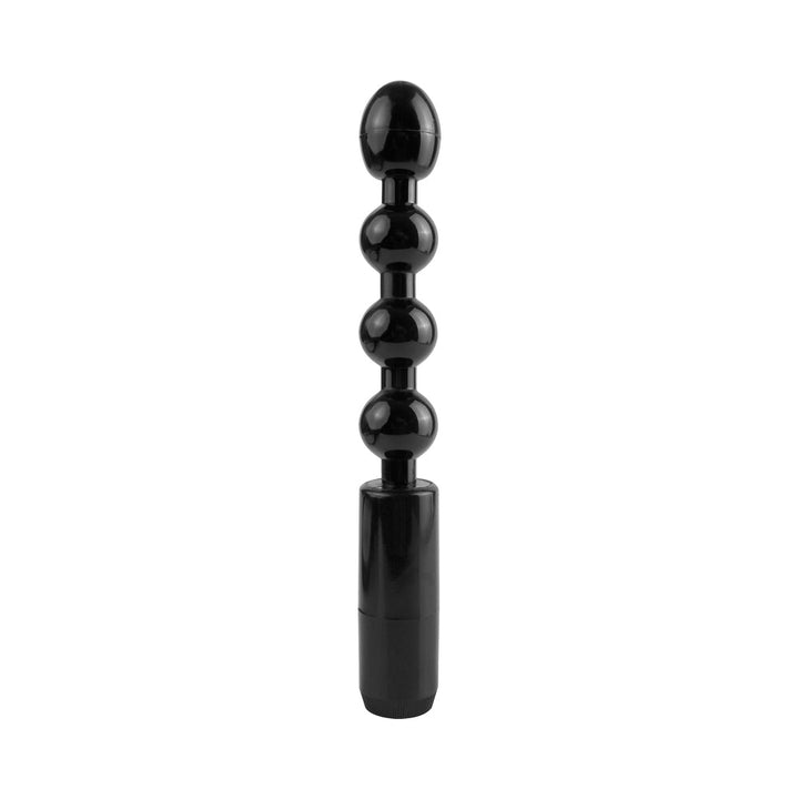 Black glossy vibrating power beads with graduated spherical shapes and a tapered tip on a white background.
