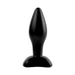 Small black silicone anal plug with tapered tip and flared base for secure and comfortable wear.