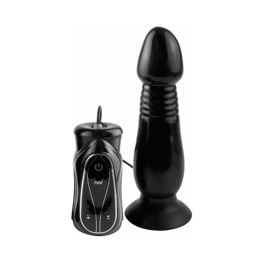 Black vibrating anal thruster with ribbed shaft and suction cup base, shown with wired remote control.