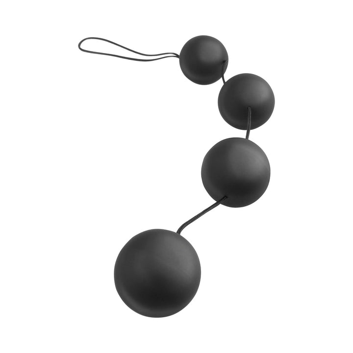 Black Deluxe Vibro Balls with four graduated spheres connected by a retrieval cord for comfortable anal stimulation.