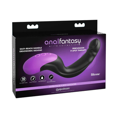 Packaging of Anal Fantasy Elite Collection Hyper Pulse P Spot Massager in black and purple with ergonomic design and USB rechargeable features.