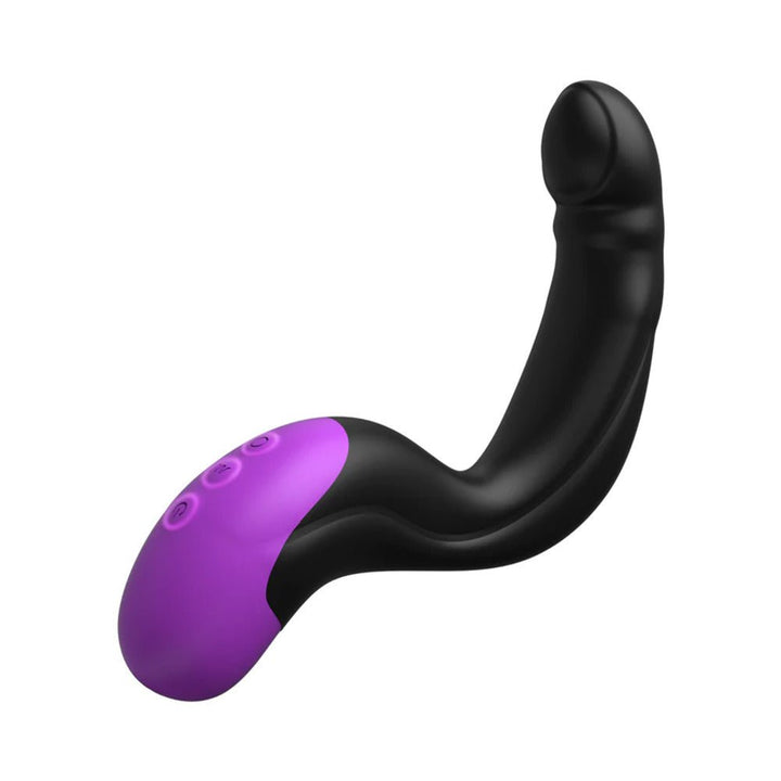 Black and purple ergonomic P-spot massager with curved design and control buttons on handle.