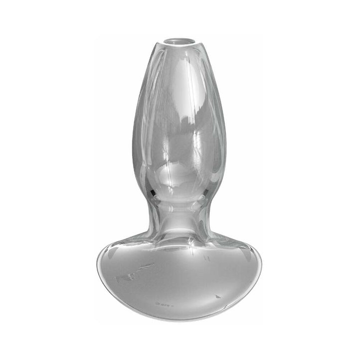 Clear glass beginner anal gaper with ergonomic shape and open-ended design for comfortable sensation play.