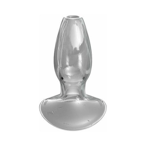 Clear glass beginner anal gaper with ergonomic shape and open-ended design for comfortable sensation play.