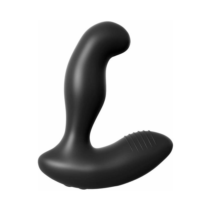 Black ergonomic prostate stimulator with curved design and textured base for targeted electrostimulation and vibration.