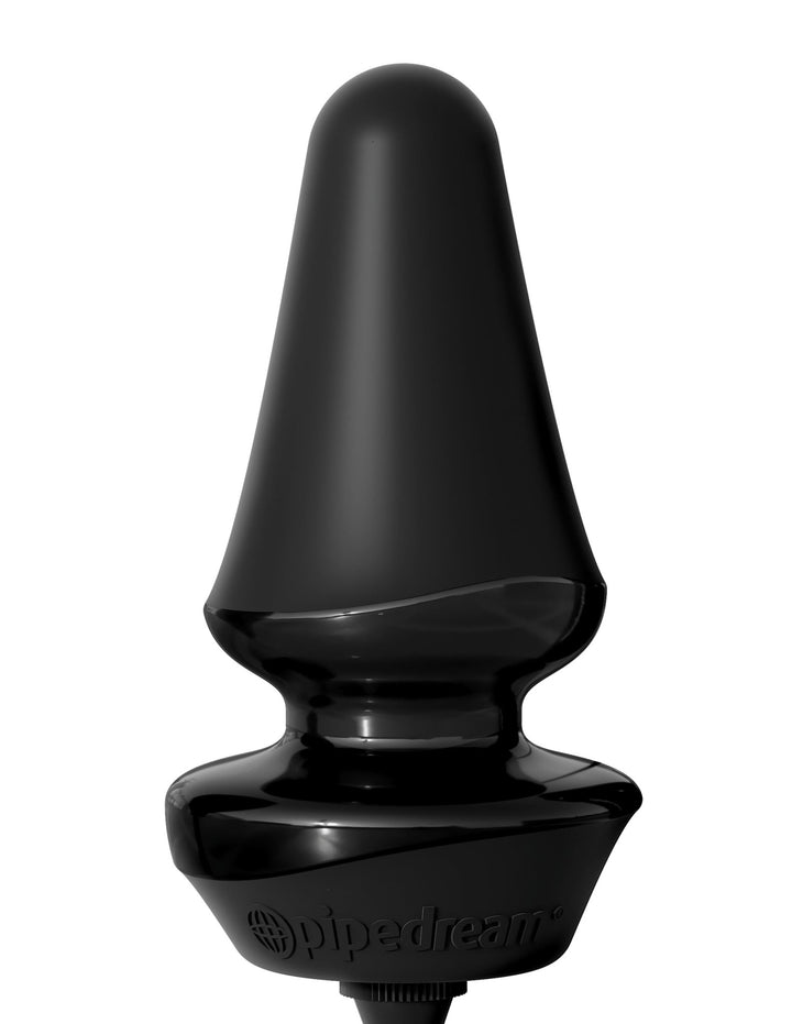 Black inflatable silicone butt plug with tapered tip and wide base, branded with Pipedream logo.