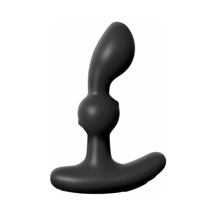 Black silicone prostate massager with ergonomic curved design and wide base for safe, comfortable use.