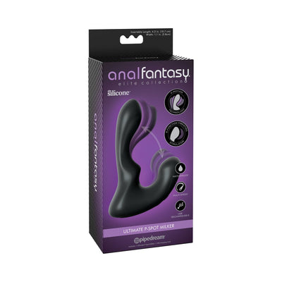 Packaging of Anal Fantasy Elite Collection Ultimate P Spot Stimulator in black silicone with ergonomic design and USB rechargeable features.