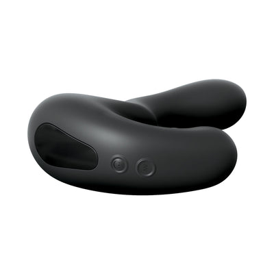 Black ergonomic prostate stimulator with smooth silicone finish and two control buttons on the side.