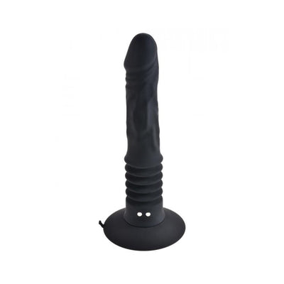 Black textured vibrating anal toy with ribbed base and suction cup for hands-free use.