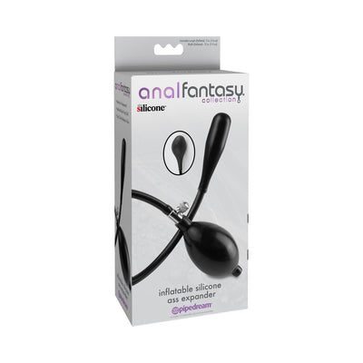 Packaging box of Anal Fantasy Collection Inflatable Silicone Ass Expander in black with pump and silicone expander image.