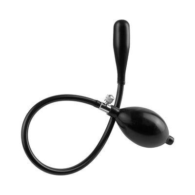 Black inflatable silicone anal expander with hand pump and valve for adjustable inflation.
