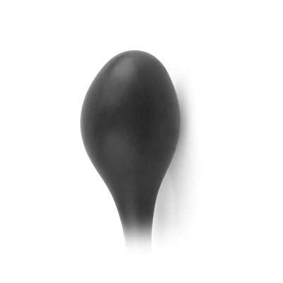 Black inflatable silicone anal expander with smooth, bulbous shape and tapered neck on white background.