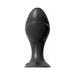 Black silicone expandable butt plug with a wide suction base for secure, hands-free use.