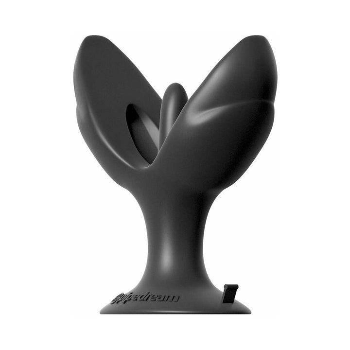 Black silicone expandable anal plug with wide suction base and flexible tips for adjustable fullness.