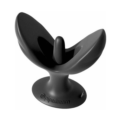 Black silicone Insta Gaper butt plug with expandable wings and suction base for hands-free use.