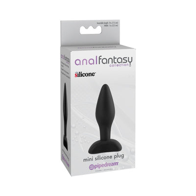Packaging of Anal Fantasy Mini Silicone Plug in black, showing the product image and branding on a white box.
