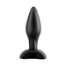 Black mini silicone plug with tapered tip and flared base for comfort and safety.