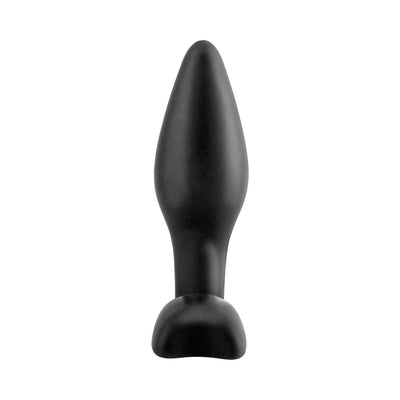 Black mini silicone anal plug with tapered tip and flared base for secure, comfortable wear.