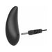 Black curved silicone anal plug with a detachable wired remote control connector on a white background.