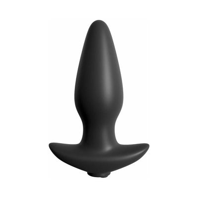 Black tapered silicone anal plug with wide base and smooth finish, designed for remote control vibration.