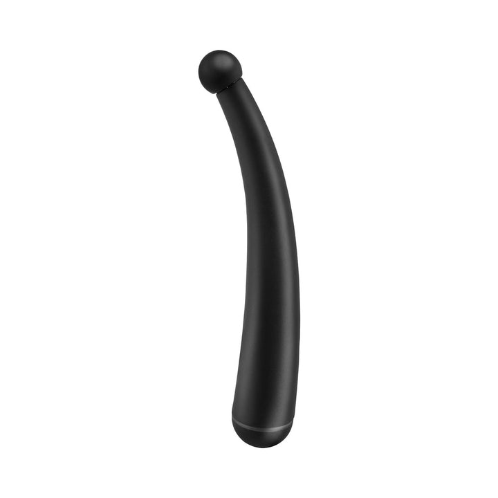Black curved vibrator with rounded tip and smooth matte finish designed for targeted stimulation.