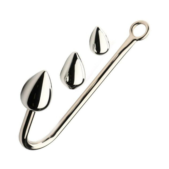 Silver stainless steel anal hook with three detachable tapered plugs in small, medium, and large sizes.